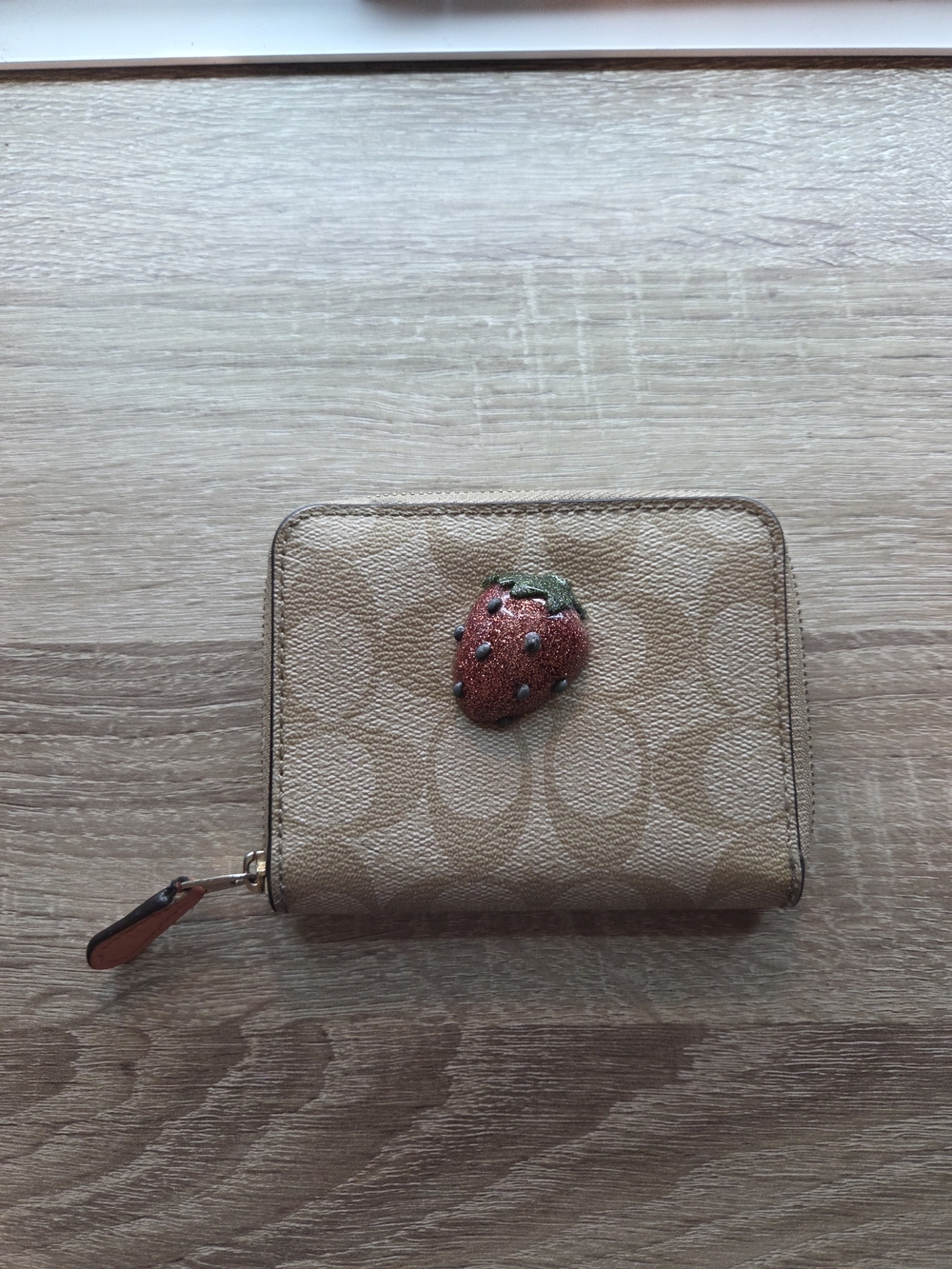 Coach Beige Zip Wallet with Pink Strawberry Charm